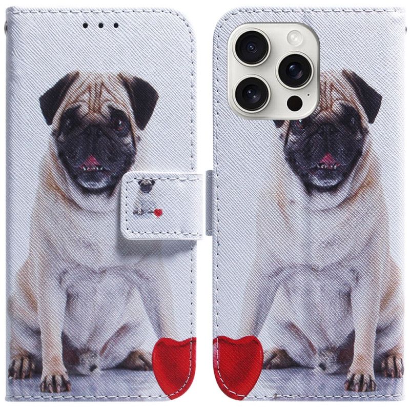 Læder Cover iPhone 16 Pro Max Telefon Etui Mops Hund