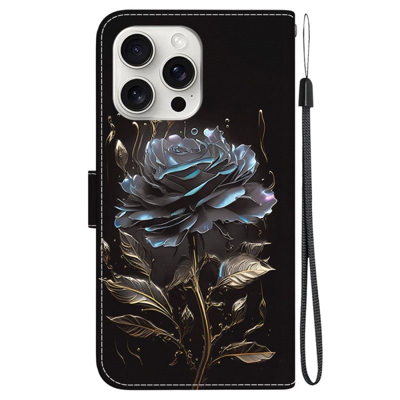 Læder Cover iPhone 16 Pro Max Telefon Etui Sort Rose Med Rem