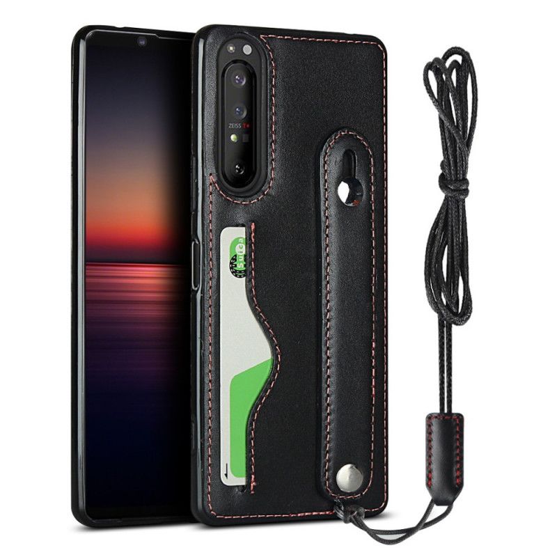 Cover Sony Xperia 1 II Sort Mobilcover Rem Af Ægte Læder Og Kortholder