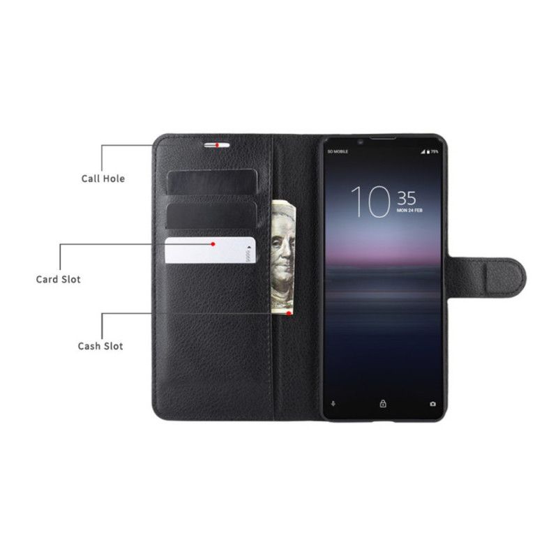 Flip Cover Læder Sony Xperia 1 II Sort Lychee Imiteret Læder Original