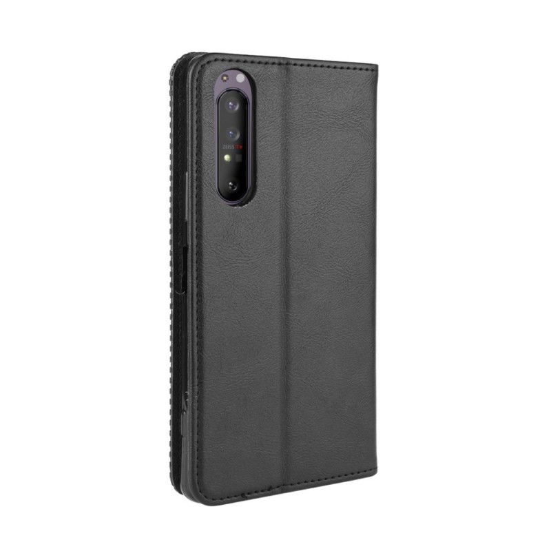 Læder Cover Sony Xperia 1 II Sort Stiliseret Vintage Lædereffekt