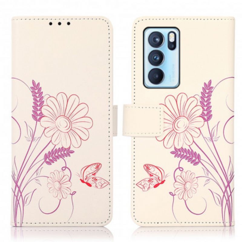 Flip Cover Til Oppo Reno 6 Pro 5g Tegning Sommerfugle Og Blomster