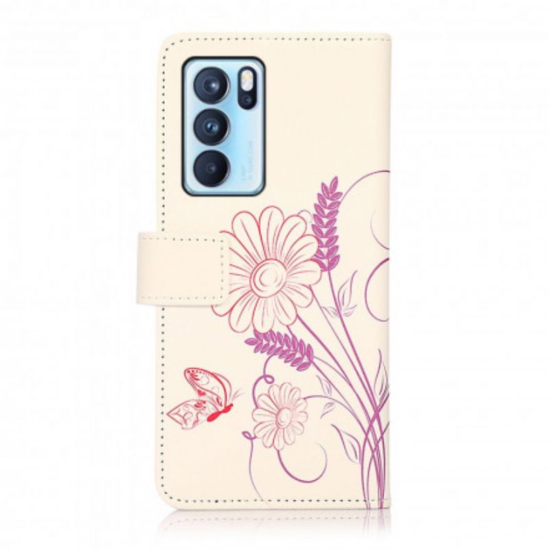 Flip Cover Til Oppo Reno 6 Pro 5g Tegning Sommerfugle Og Blomster