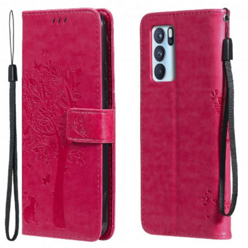 Læder Cover Oppo Reno 6 Pro 5g Telefon Etui Tree And Thong Cat