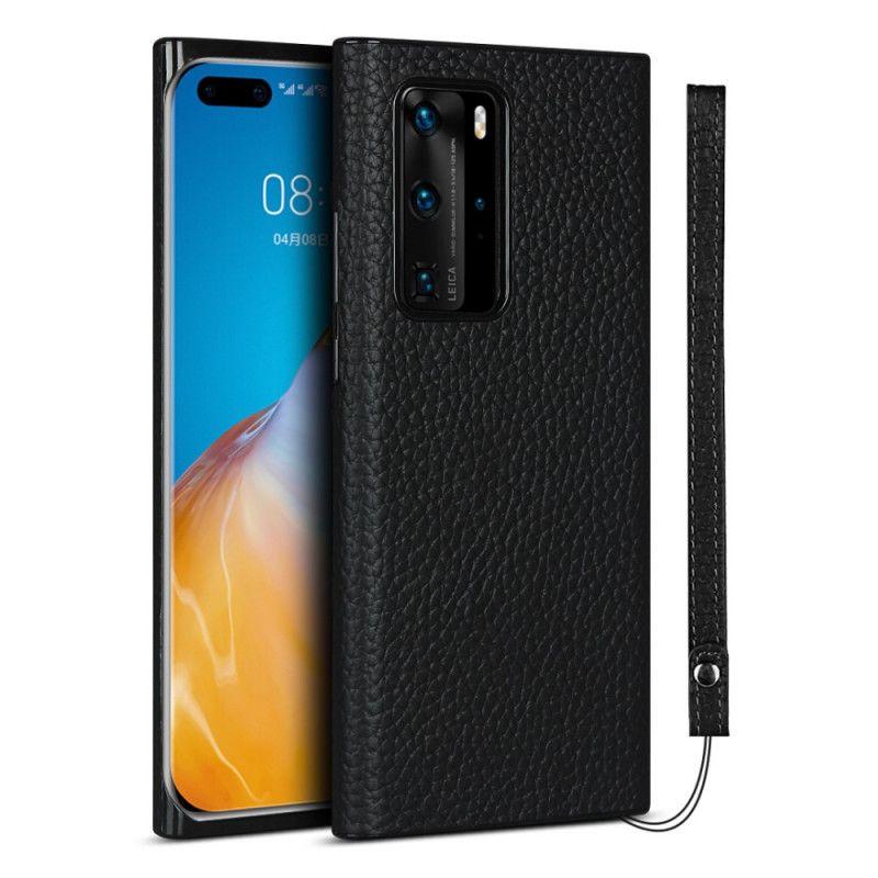 Cover Huawei P40 Pro Sort Ægte Lychee Læder Med Rem Beskyttelse