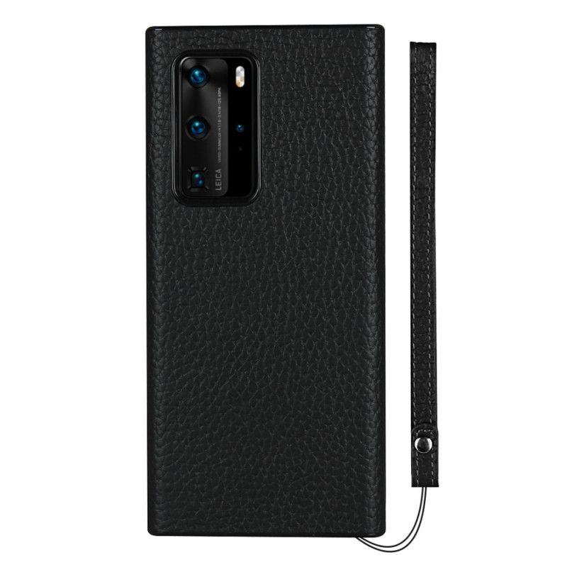 Cover Huawei P40 Pro Sort Ægte Lychee Læder Med Rem Beskyttelse