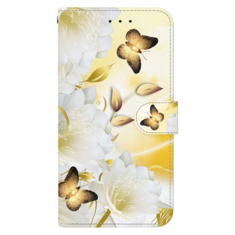 Flip Cover Samsung Galaxy A16 5g Gylden Sommerfugl Og Hvide Blomster