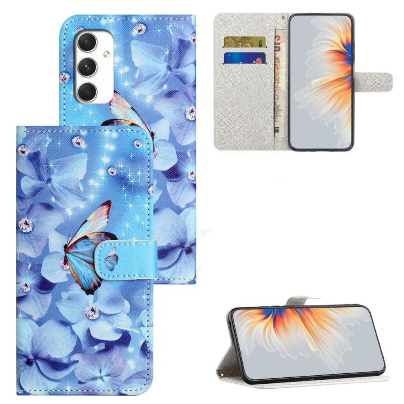 Flip Cover Til Samsung Galaxy A16 5g Blå Blomster Og Sommerfugle