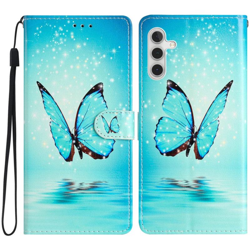 Læder Cover Samsung Galaxy A16 5g Blå Sommerfugl