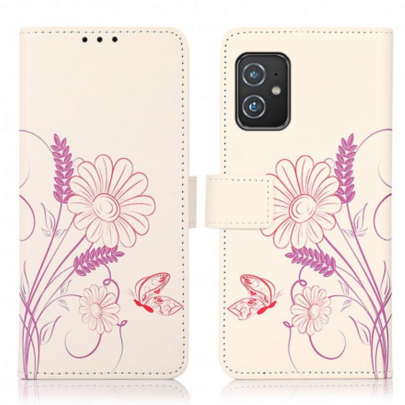 Flip Cover Asus Zenfone 8 Tegning Sommerfugle Og Blomster