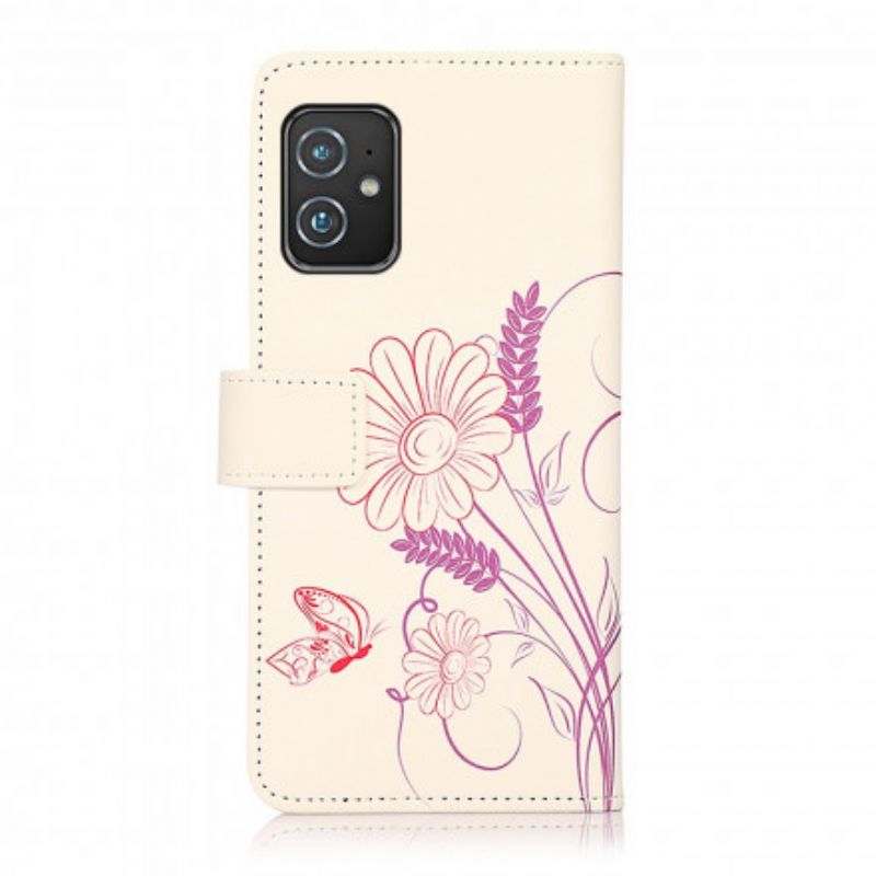 Flip Cover Asus Zenfone 8 Tegning Sommerfugle Og Blomster