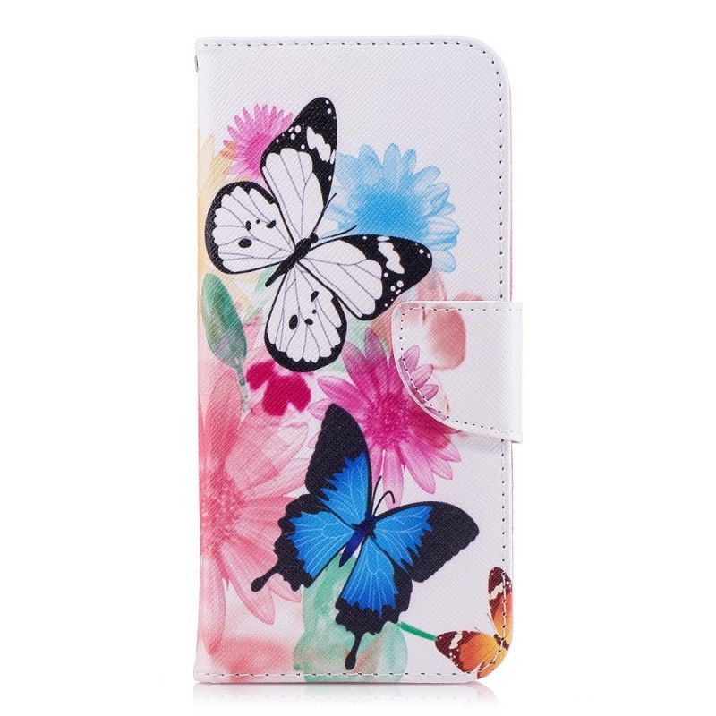 Flip Cover Læder for Samsung Galaxy S9 Plus Pink Malede Sommerfugle Og Blomster