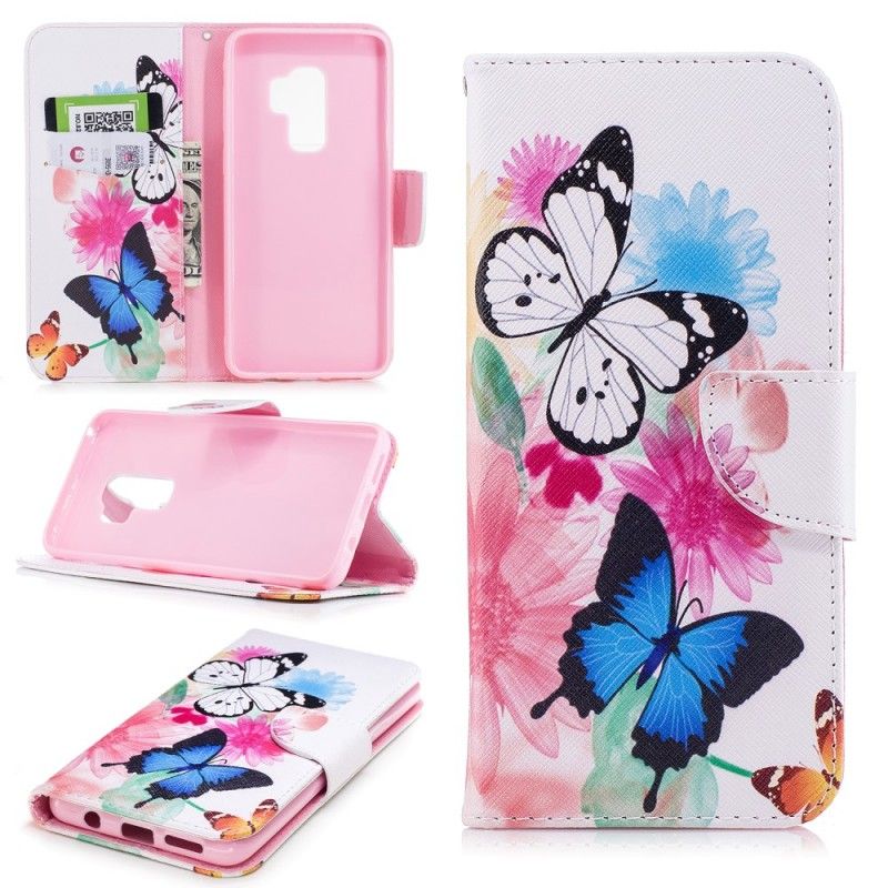 Flip Cover Læder for Samsung Galaxy S9 Plus Pink Malede Sommerfugle Og Blomster