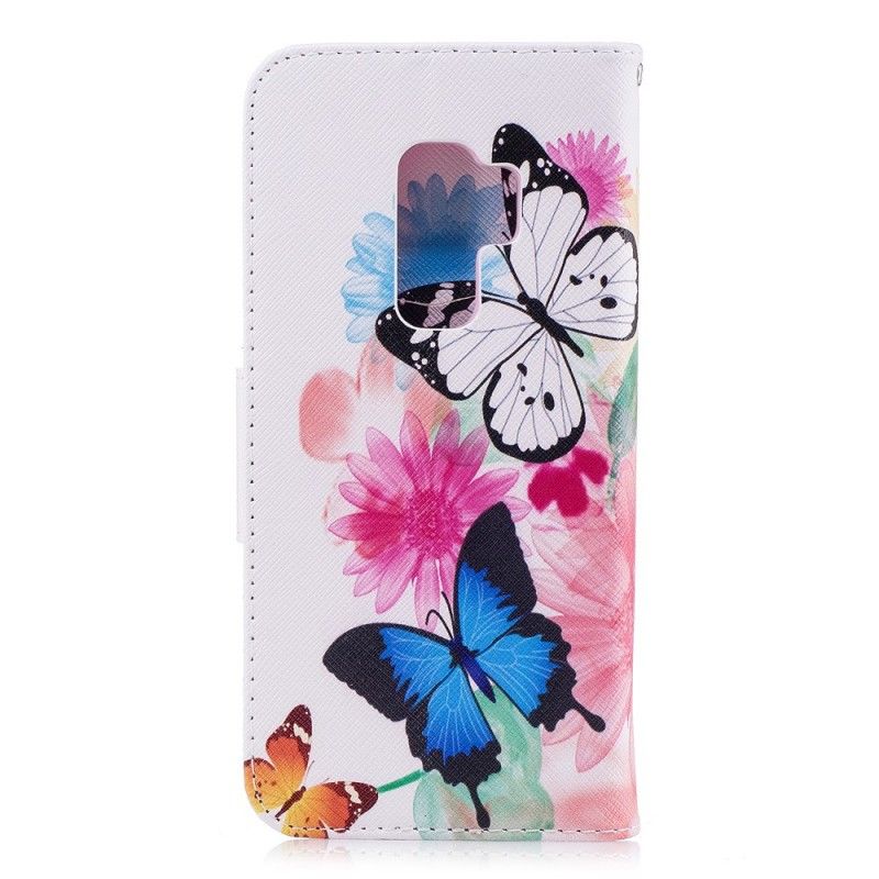 Flip Cover Læder for Samsung Galaxy S9 Plus Pink Malede Sommerfugle Og Blomster