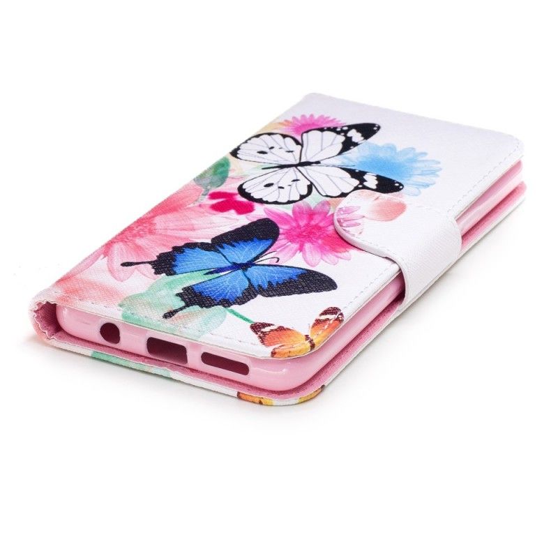 Flip Cover Læder for Samsung Galaxy S9 Plus Pink Malede Sommerfugle Og Blomster