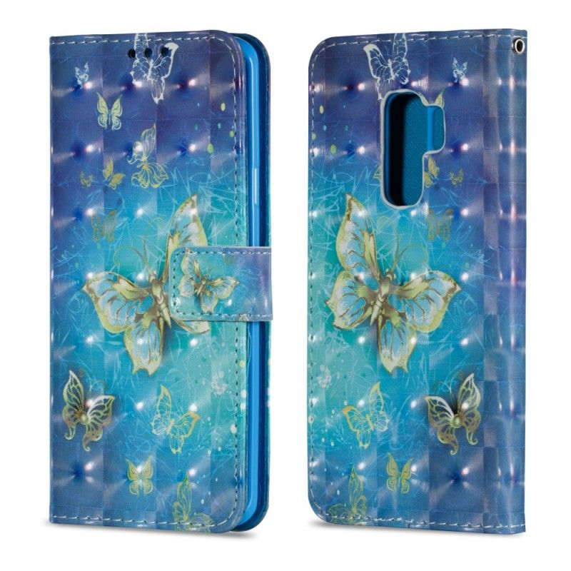 Flip Cover Læder Samsung Galaxy S9 Plus 3D Gyldne Sommerfugle