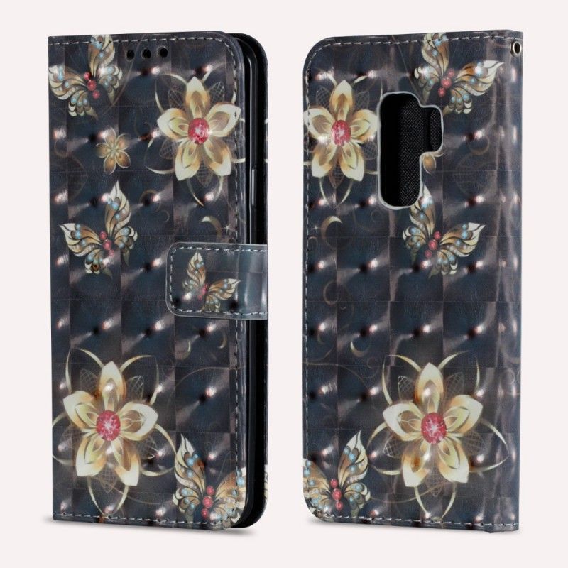 Flip Cover Læder Samsung Galaxy S9 Plus Sort Retro Farverige Blomster Original