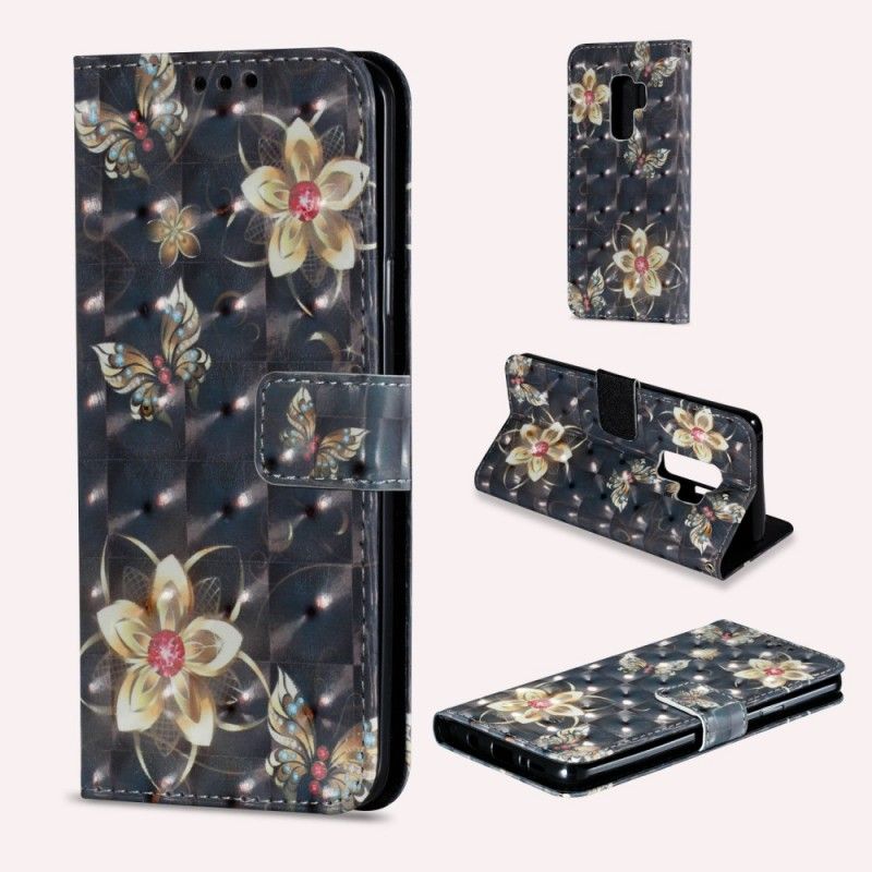 Flip Cover Læder Samsung Galaxy S9 Plus Sort Retro Farverige Blomster Original