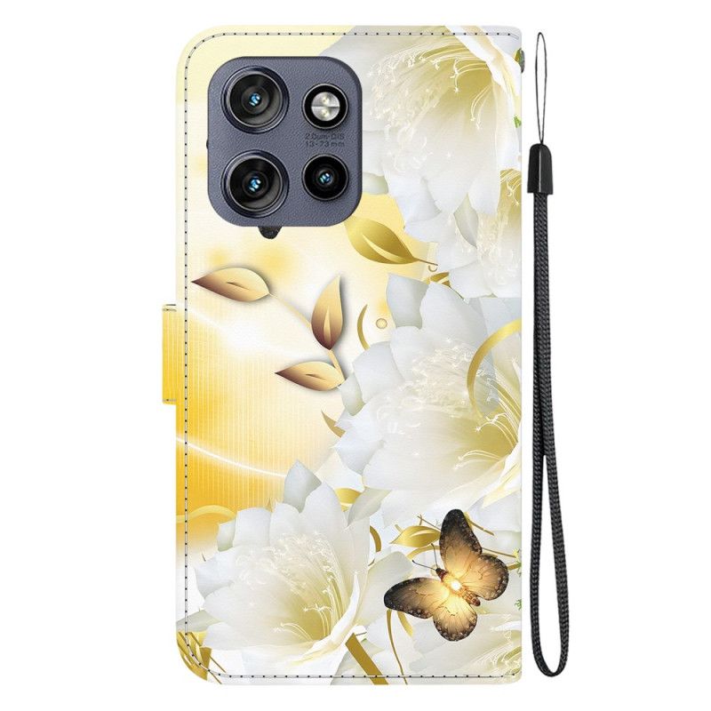 Flip Cover Motorola Edge 50 Neo Gyldne Sommerfugle Og Hvide Blomster