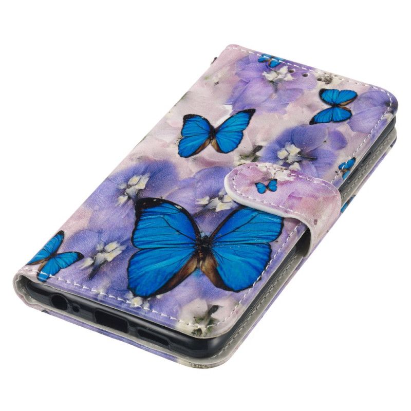 Læder Cover Samsung Galaxy S24 Fe Telefon Etui Lilla Blomster Og Blå Sommerfugle