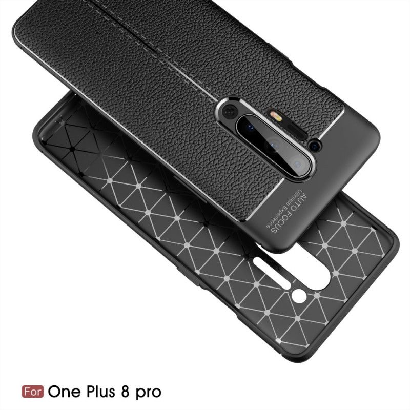 Cover OnePlus 8 Pro Sort Dobbeltlinjet Lychee-Lædereffekt