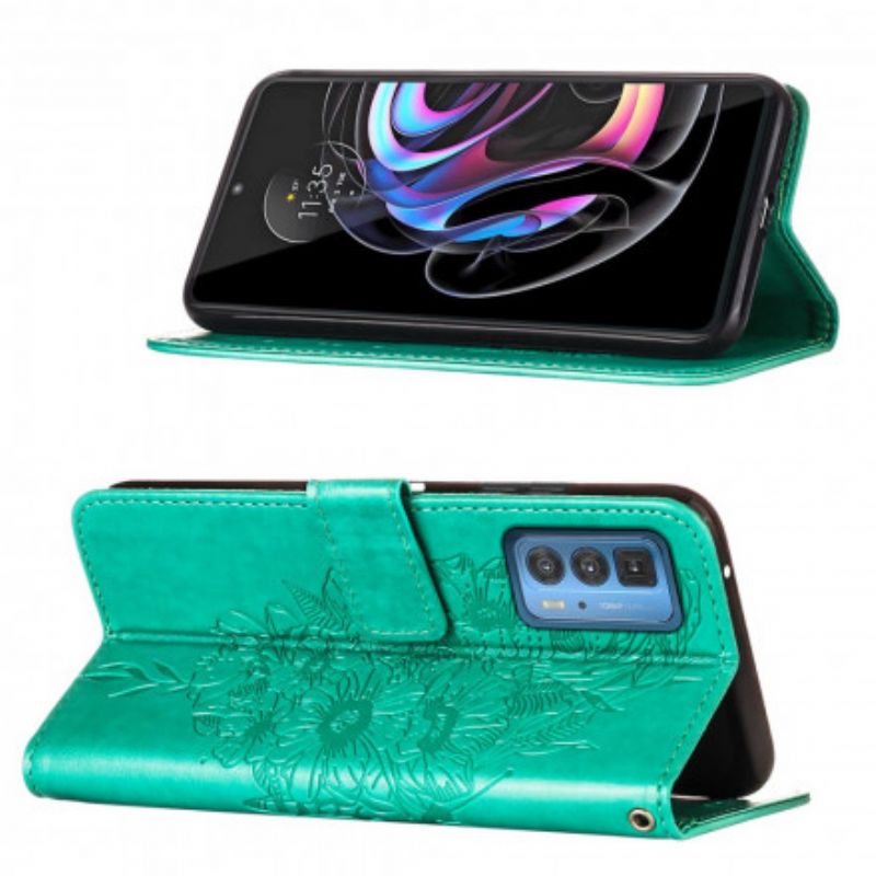 Flip Cover Til Motorola Edge 20 Pro Sommerfugledesign Med Snor