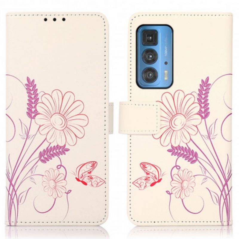 Flip Cover Til Motorola Edge 20 Pro Tegning Sommerfugle Og Blomster