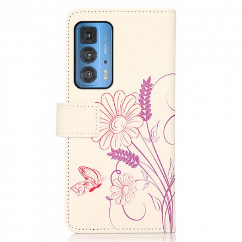 Flip Cover Til Motorola Edge 20 Pro Tegning Sommerfugle Og Blomster