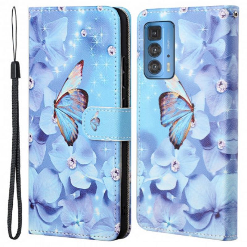 Læder Cover Motorola Edge 20 Pro Diamond Strappy Butterflies