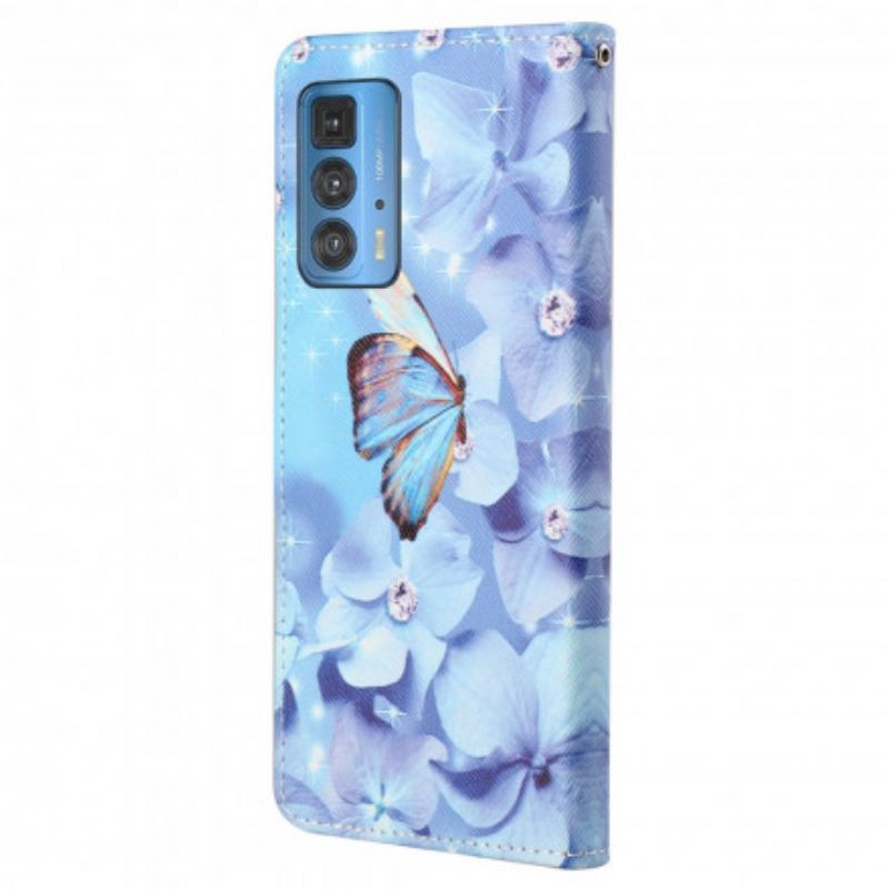 Læder Cover Motorola Edge 20 Pro Diamond Strappy Butterflies