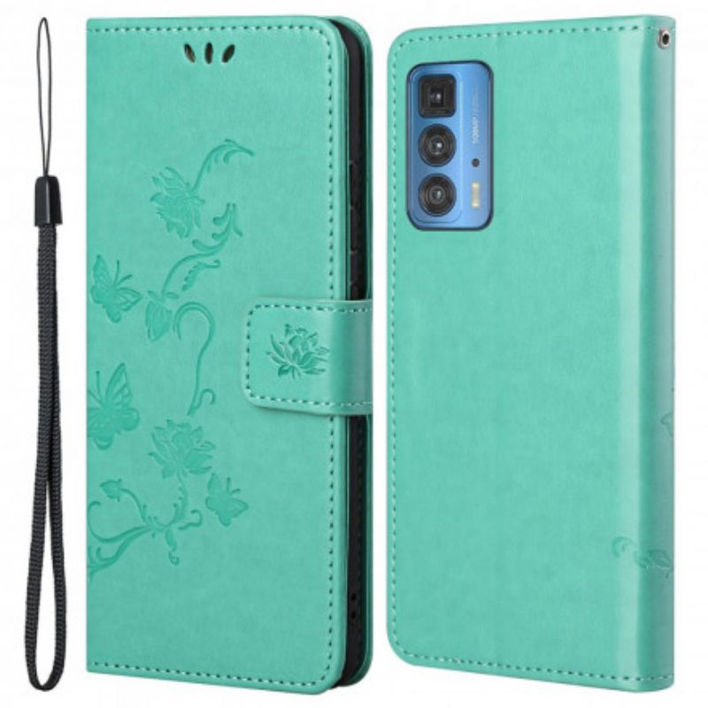 Læder Cover Motorola Edge 20 Pro Telefon Etui Sommerfugle Og Blomster Strappy