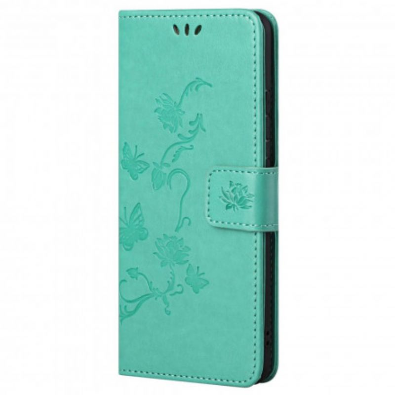 Læder Cover Motorola Edge 20 Pro Telefon Etui Sommerfugle Og Blomster Strappy