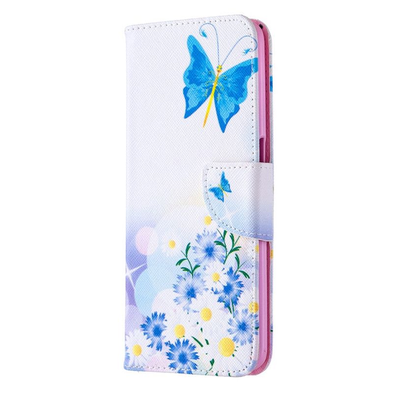 Flip Cover Læder for Oppo A72 Magenta Malede Sommerfugle Og Blomster