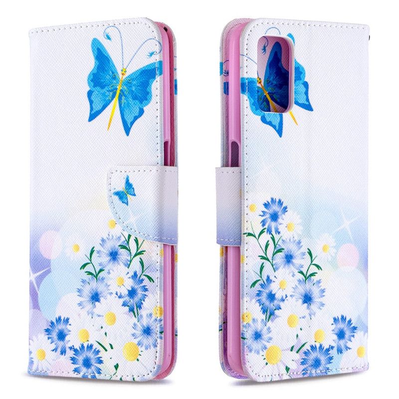 Flip Cover Læder for Oppo A72 Magenta Malede Sommerfugle Og Blomster