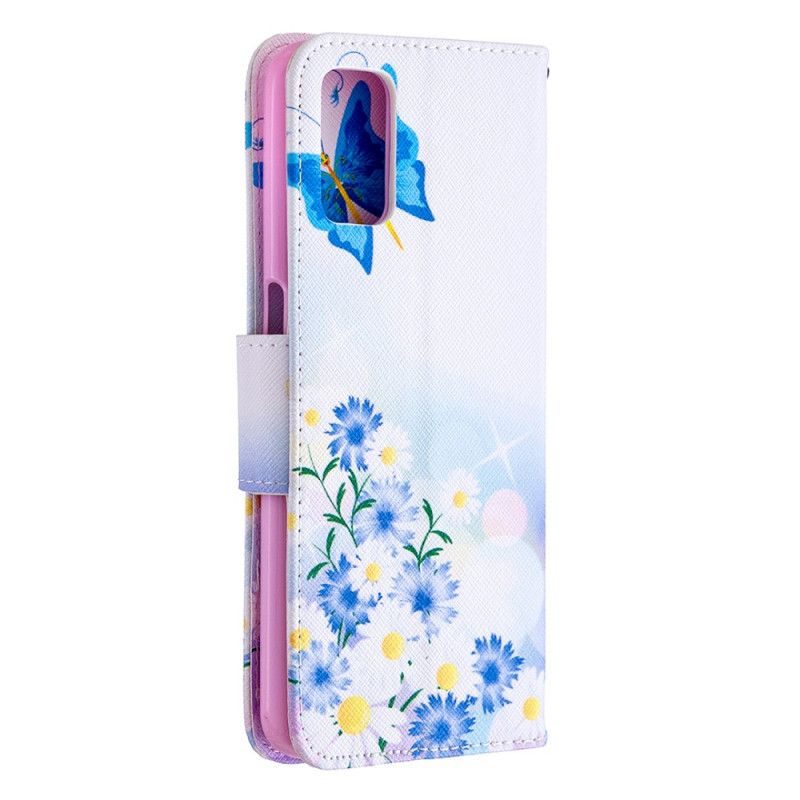 Flip Cover Læder for Oppo A72 Magenta Malede Sommerfugle Og Blomster