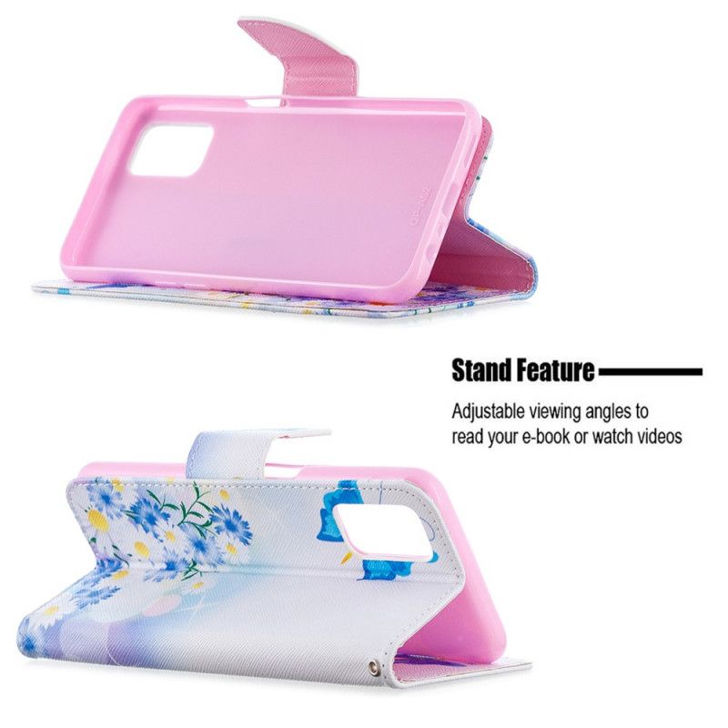 Flip Cover Læder for Oppo A72 Magenta Malede Sommerfugle Og Blomster