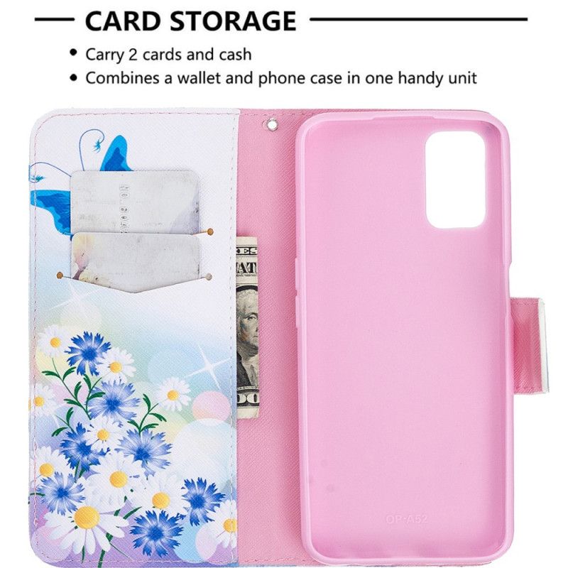 Flip Cover Læder for Oppo A72 Magenta Malede Sommerfugle Og Blomster