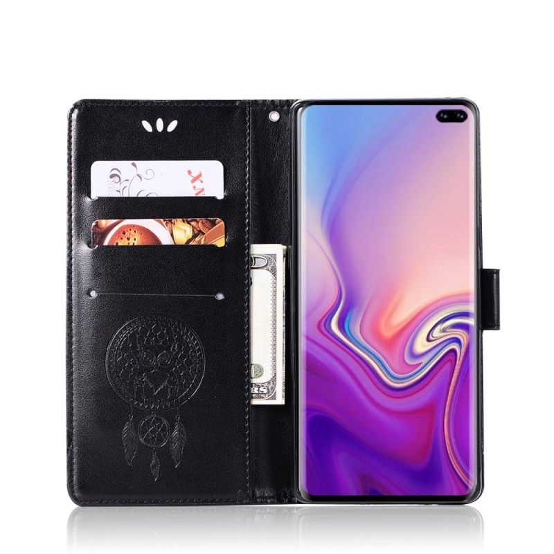 Flip Cover Læder Samsung Galaxy S10 Plus Grå Dreamcatcher Af Ugle I Lædereffekt Beskyttelse