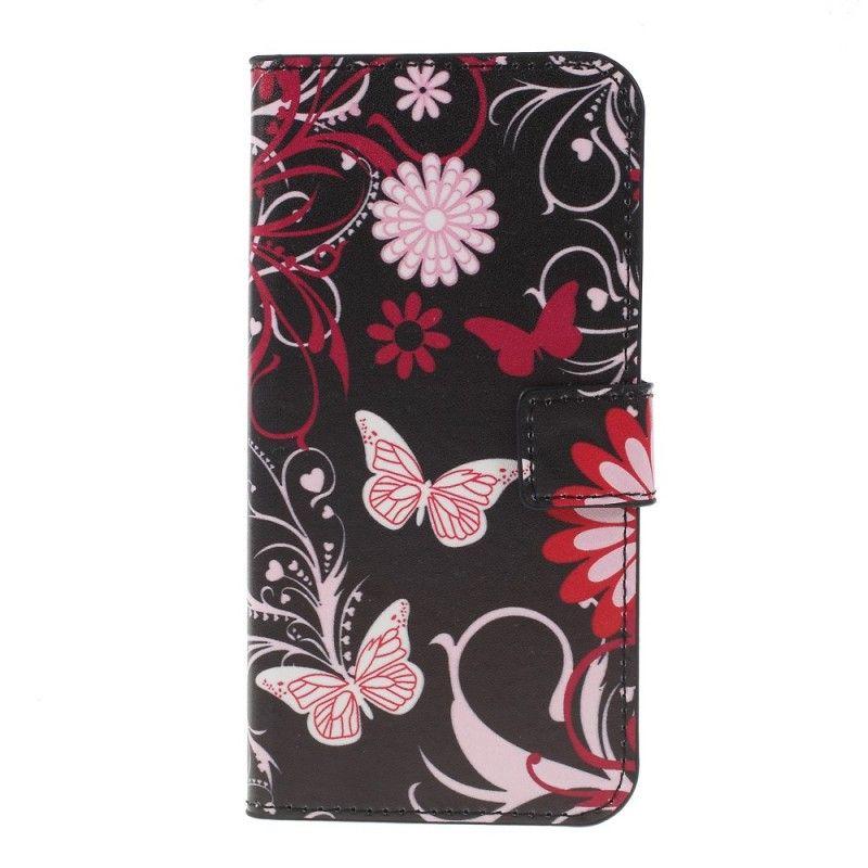 Flip Cover Læder Samsung Galaxy S10 Plus Hvid Sommerfugle Og Blomster