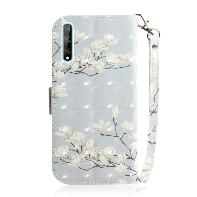 Flip Cover Læder for Huawei P Smart S Grå Blomstrende Gren Med Rem