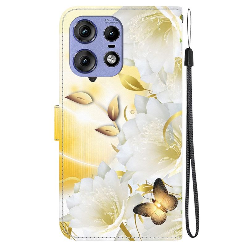 Flip Cover Motorola Edge 50 Pro Gyldne Sommerfugle Og Hvide Blomster Med Rem