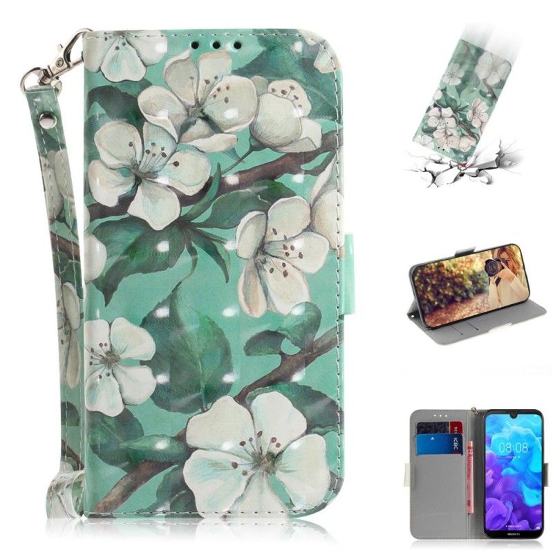 Flip Cover Læder for Huawei Y5 2019 Blomstrende Gren Med Rem