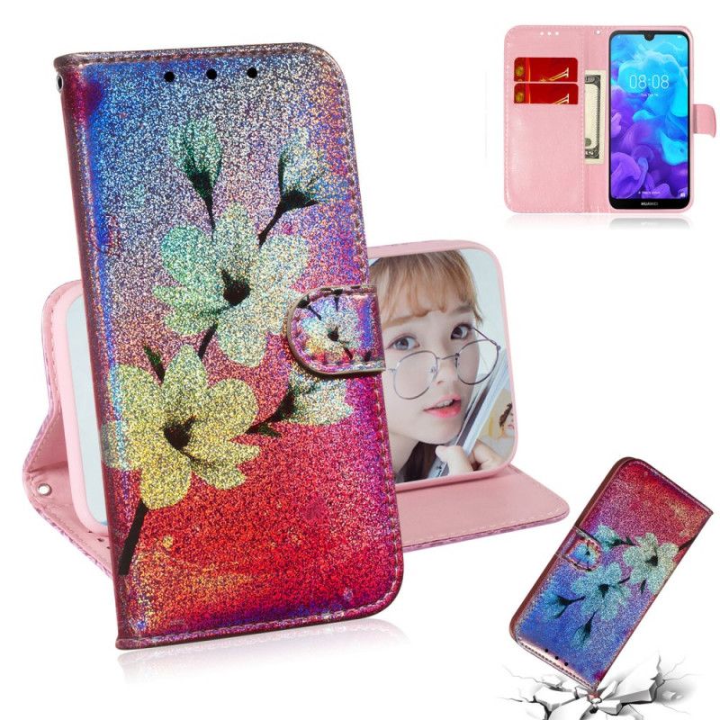 Flip Cover Læder for Huawei Y5 2019 Glitter Blomster