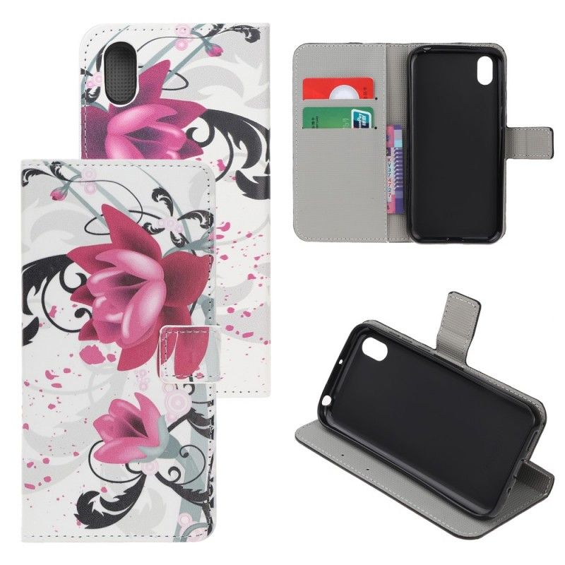 Flip Cover Læder Huawei Y5 2019 Magenta Tropiske Blomster