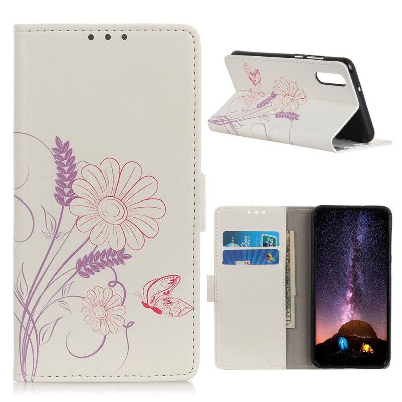 Flip Cover Læder Xiaomi Mi 9 Lite Tegning Af Sommerfugle Og Blomster