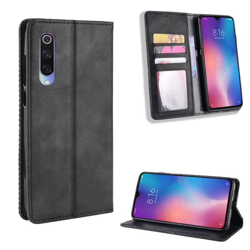 Læder Cover Xiaomi Mi 9 Lite Sort Stiliseret Vintage Lædereffekt