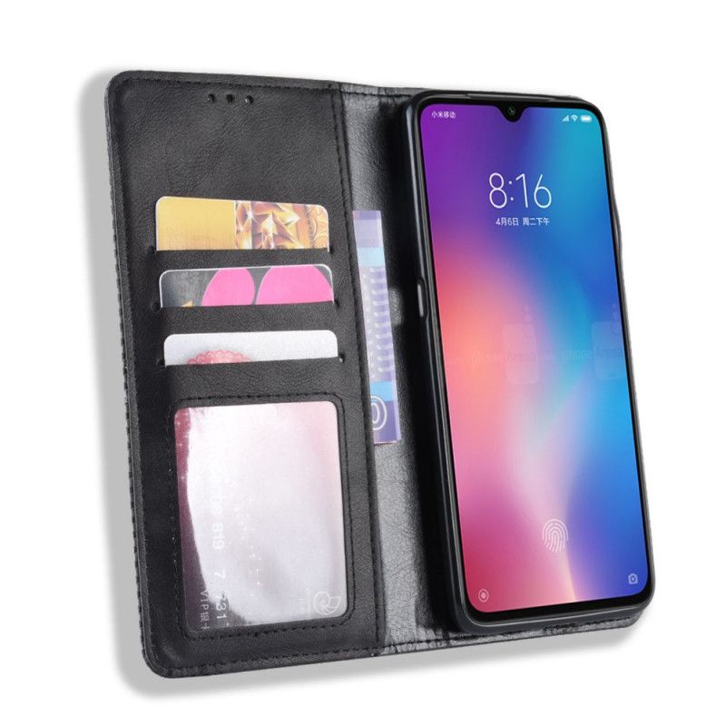 Læder Cover Xiaomi Mi 9 Lite Sort Stiliseret Vintage Lædereffekt