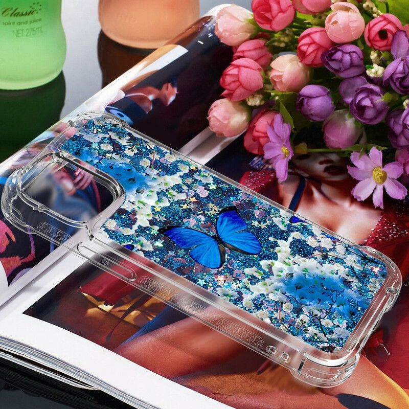 Cover Til iPhone 13 Mini Blå Glitter Sommerfugle