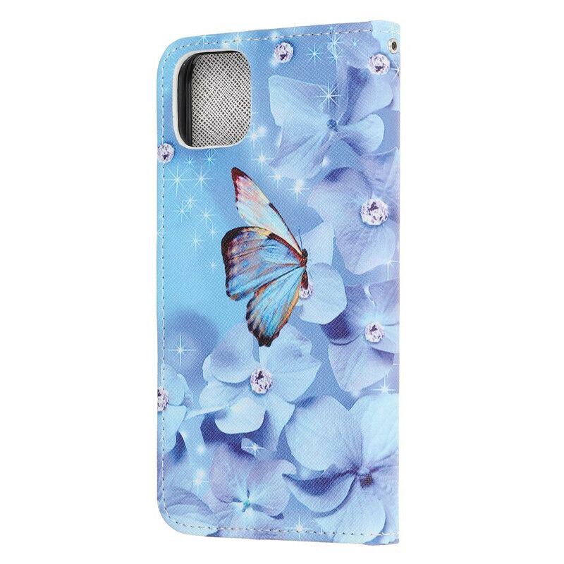 Flip Cover iPhone 13 Mini Diamond Strappy Sommerfugle