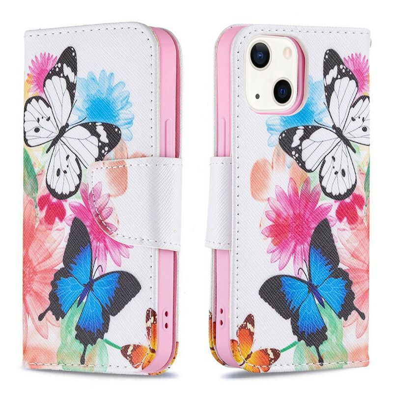 Flip Cover Til iPhone 13 Mini Malede Sommerfugle Og Blomster